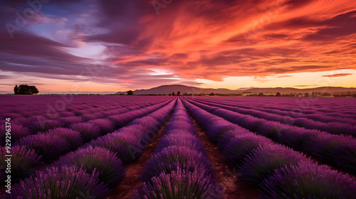 photo of a lavender field during a sunset golden hour, golden hour lavender