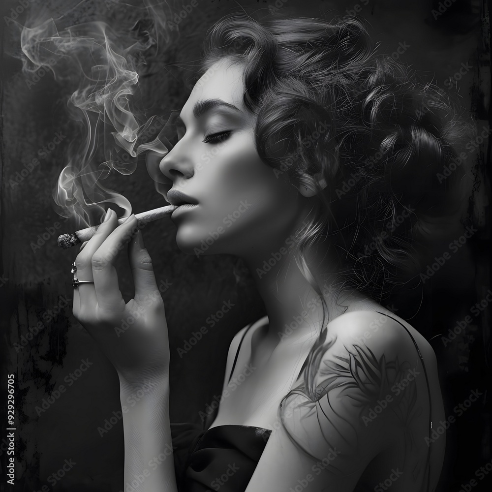 Obraz premium Black and White Portraits of Women Smoking with Dramatic Lighting 