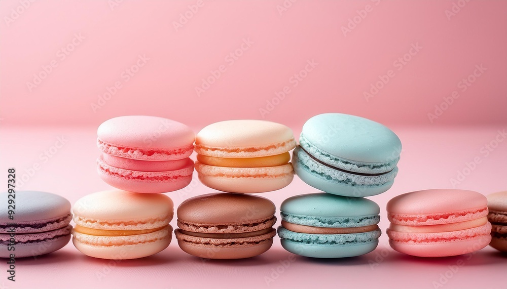 Pastel colored macarons on a pink table. Pastel colored macarons on a pink table.