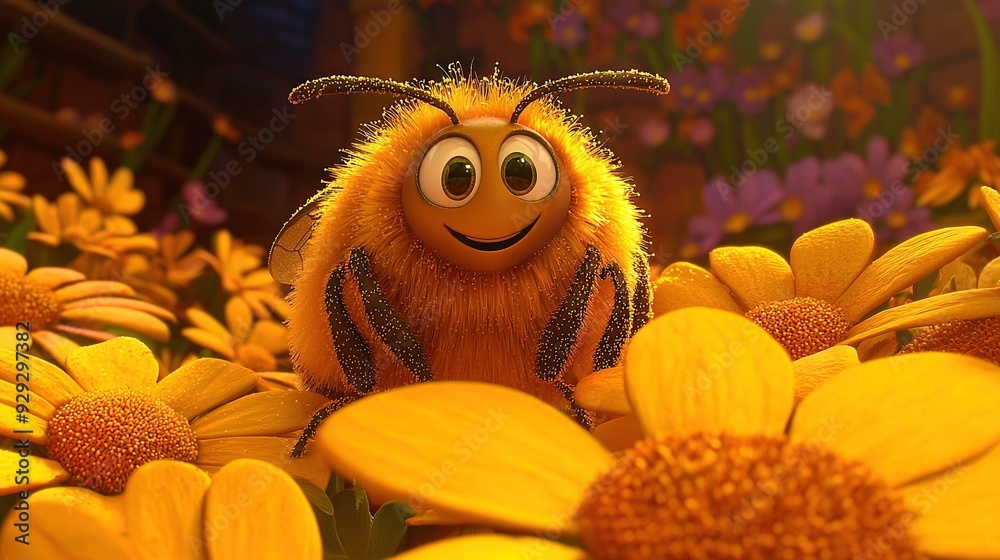 Φωτογραφία A close-up of a stuffed animal in a field of flowers with a bee buzzing in the