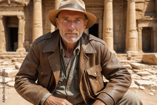 A seasoned archaeologist in a tan safari hat, leather jacket, and khaki gear, stands by ancient ruins and a treasure-filled tomb, exuding deep historical knowledge
