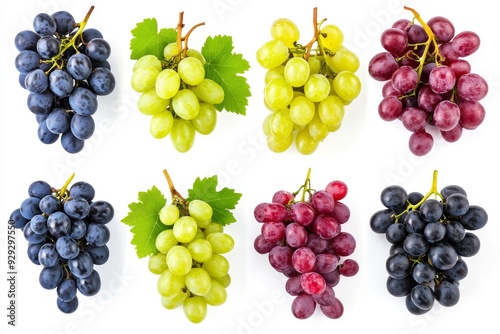 Set of grapes of different varieties and colors, isolated on a white background with generative ai