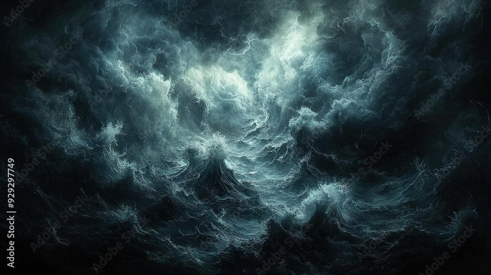 A monochromatic depiction of a vast body of water amidst a tempestuous black and white sky, with the background painted in shades of black A monochromatic depiction of a vast body of water amidst a tempestuous black and white sky, with the background painted in shades of black