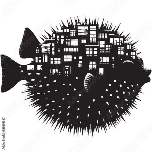 silhouette of Pufferfish filled with ghetto street in rough drawing