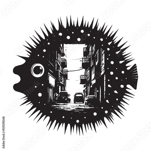 silhouette of Pufferfish filled with ghetto street in rough drawing
