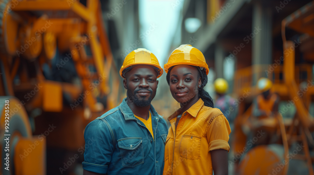 Two Black Construction Workers in Vests and Hard Hats Two Black Construction Workers in Vests and Hard Hats