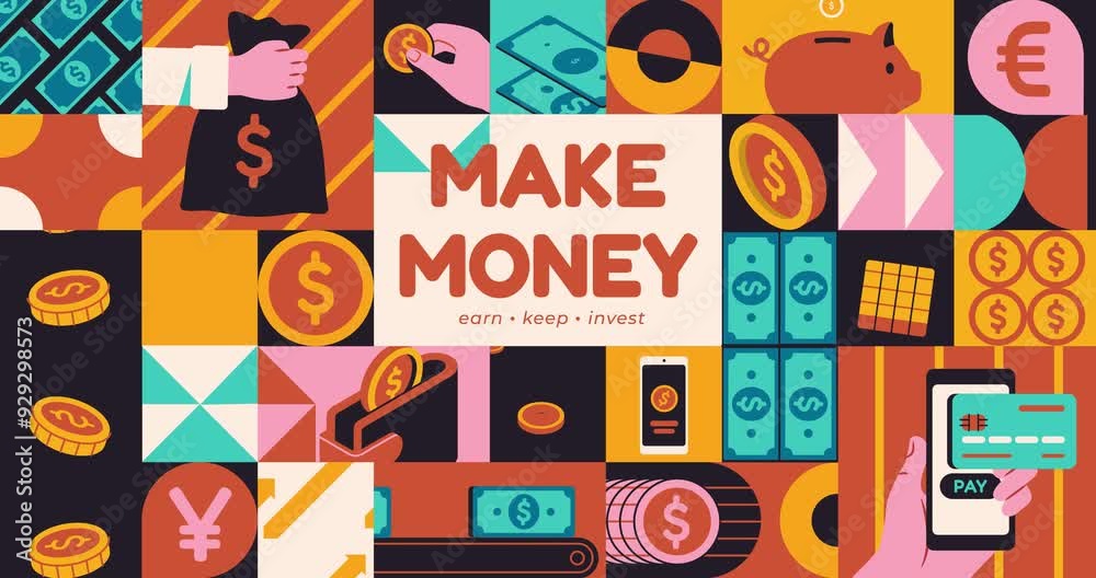 Make money. Moving geometric banner with coins, cash, wallet and credit cards. Investing, saving money, managing finances and personal budget. Expenses and income. Cartoon flat animated graphics