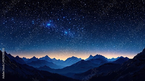  Night sky with stars, mountain range in foreground, and blue sky