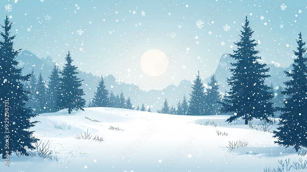 A serene winter scene featuring towering pine trees and freshly fallen snow, while a full moon shines majestically in the distant sky A serene winter scene featuring towering pine trees and freshly fallen snow, while a full moon shines majestically in the distant sky