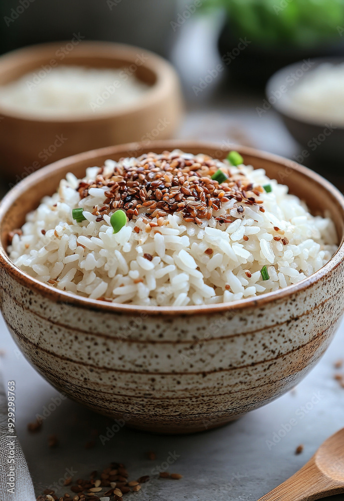Delicious bowl of cooked rice topped with sesame seeds and green onion. A bowl filled with fluffy rice sprinkled with sesame seeds and chopped green onion. Delicious bowl of cooked rice topped with sesame seeds and green onion. A bowl filled with fluffy rice sprinkled with sesame seeds and chopped green onion.