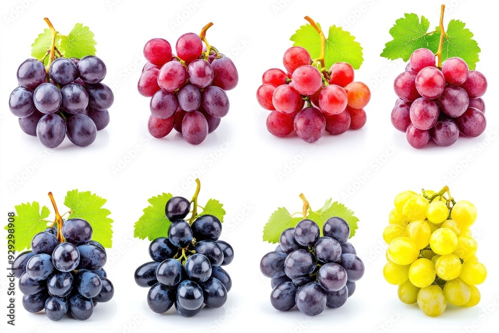 Set of grapes of different varieties and colors, isolated on a white background with generative ai Set of grapes of different varieties and colors, isolated on a white background with generative ai