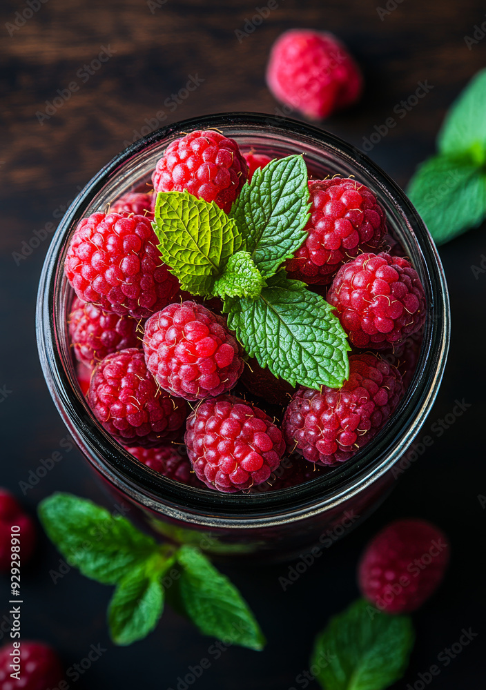 Fresh raspberries and mint leaves in a glass jar on wooden table. A glass jar filled with fresh raspberries, topped with mint leaves, surrounded by scattered berries. Fresh raspberries and mint leaves in a glass jar on wooden table. A glass jar filled with fresh raspberries, topped with mint leaves, surrounded by scattered berries.