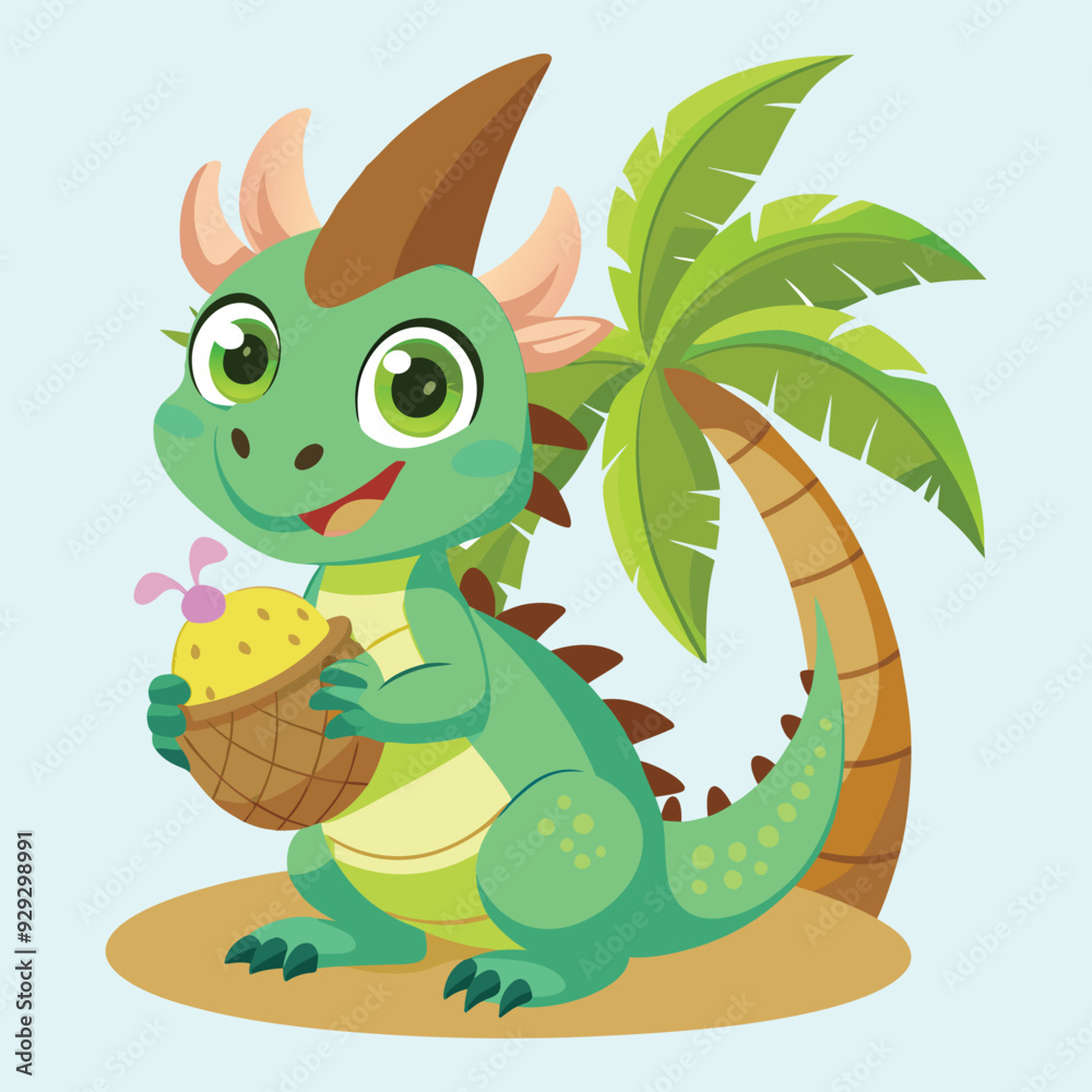 Naklejka premium a cute baby dragon sitting on a beach with palm trees in the background