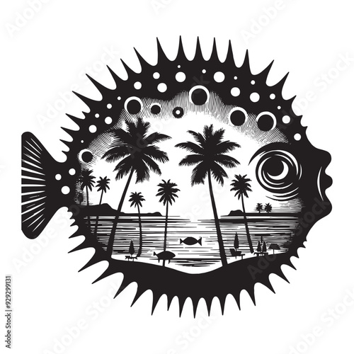 silhouette of Pufferfish filled with ocean beach view with palm tree in rough drawing