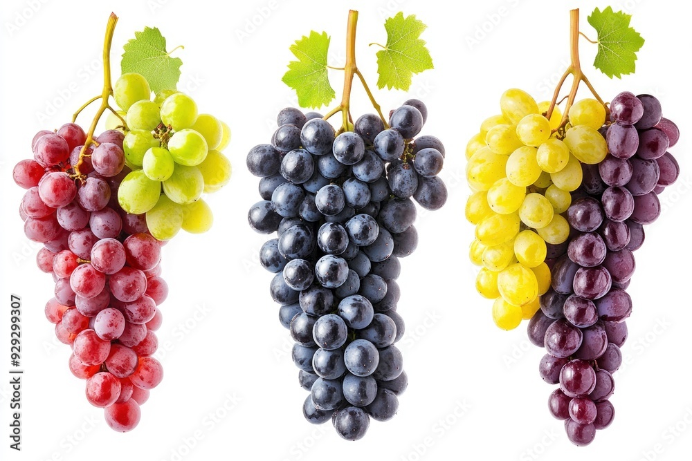 Set of grapes of different varieties and colors, isolated on a white background with generative ai Set of grapes of different varieties and colors, isolated on a white background with generative ai