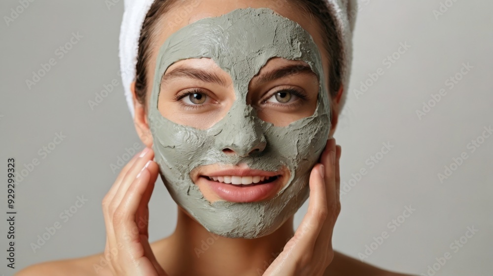 Woman Smiling with Clay Face Mask in Spa Robe for Skincare Routine Woman Smiling with Clay Face Mask in Spa Robe for Skincare Routine