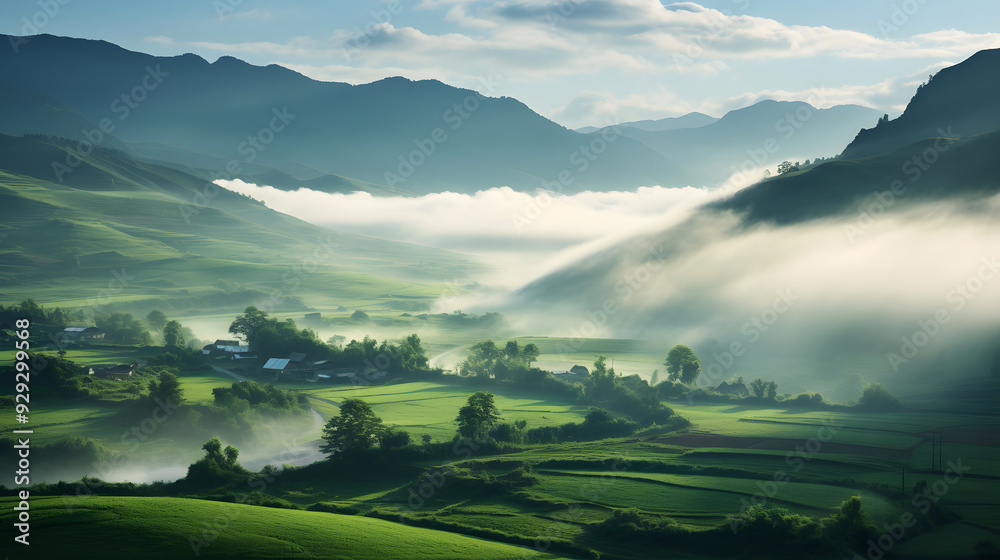 Fototapeta premium foggy landscape green hills juicy nature landscape