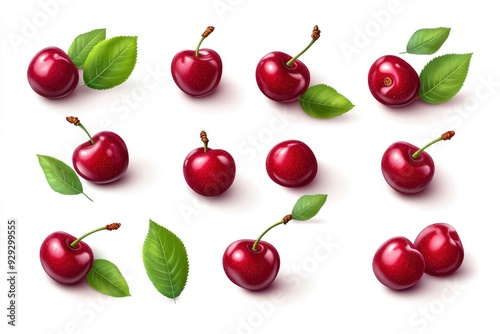 Set of ripe cherries with leaves isolated on white background with generative ai