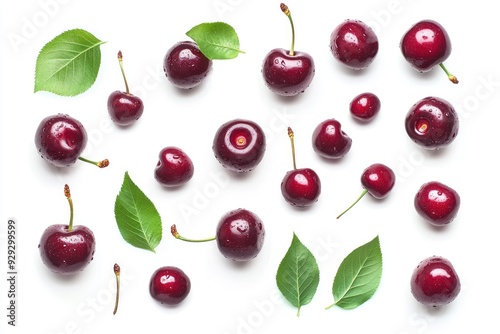 Set of ripe cherries with leaves isolated on white background with generative ai