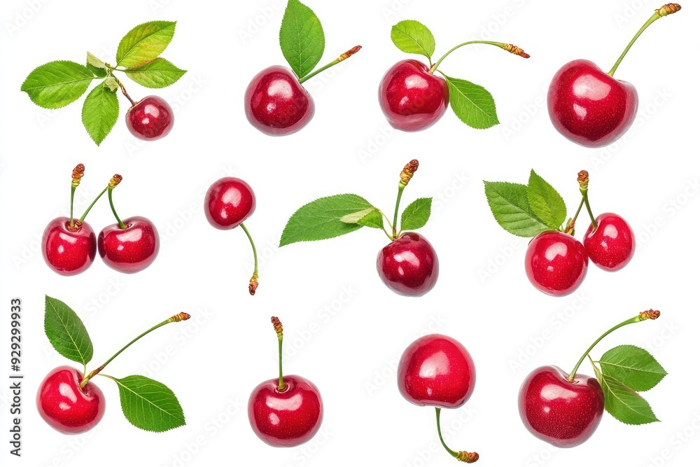 Set of ripe cherries with leaves isolated on white background with generative ai Set of ripe cherries with leaves isolated on white background with generative ai