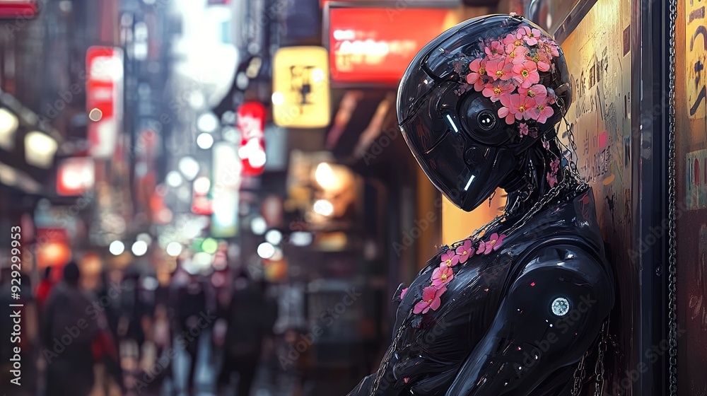 Futuristic Elegance: A Polished Black Humanoid Robot in a Vibrant Marketplace — Perfect for Sports Interior Posters and Modern Art Displays! Futuristic Elegance: A Polished Black Humanoid Robot in a Vibrant Marketplace — Perfect for Sports Interior Posters and Modern Art Displays!