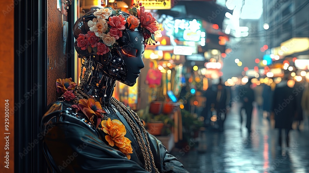 Futuristic Elegance: A Polished Black Humanoid Robot in a Vibrant Marketplace — Perfect for Sports Interior Posters and Modern Art Displays! Futuristic Elegance: A Polished Black Humanoid Robot in a Vibrant Marketplace — Perfect for Sports Interior Posters and Modern Art Displays!