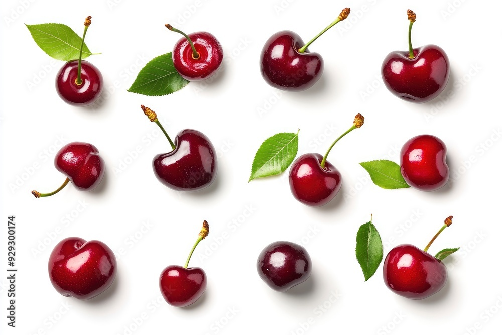 Set of ripe cherries with leaves isolated on white background with generative ai
