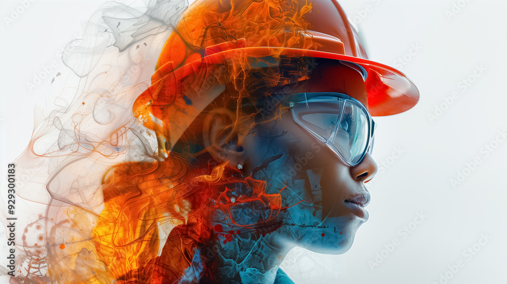 Profile of a Human Head Worker with Helmet in Side View Double Exposure on White Background Profile of a Human Head Worker with Helmet in Side View Double Exposure on White Background
