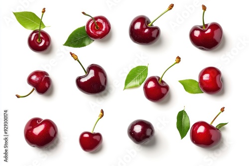 Set of ripe cherries with leaves isolated on white background with generative ai