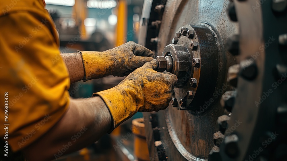 Fototapeta premium Dynamic Laborer in Action: Capturing the Grit of Mechanical Repairs – Perfect for Sports Decor Posters Celebrating Hard Work and Dedication!