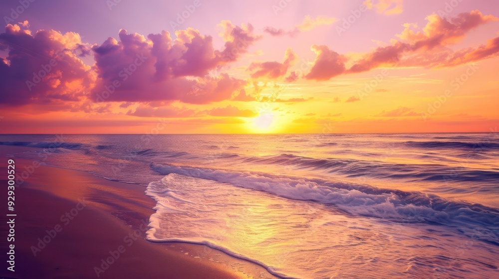 Warm golden sunset over a tranquil beach with gentle waves lapping the shore, featuring vibrant hues of orange, pink, and purple in the sky, reflecting the end of summer Warm golden sunset over a tranquil beach with gentle waves lapping the shore, featuring vibrant hues of orange, pink, and purple in the sky, reflecting the end of summer