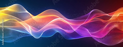 Abstract colorful glowing waves with glitter particles on a dark blue background.