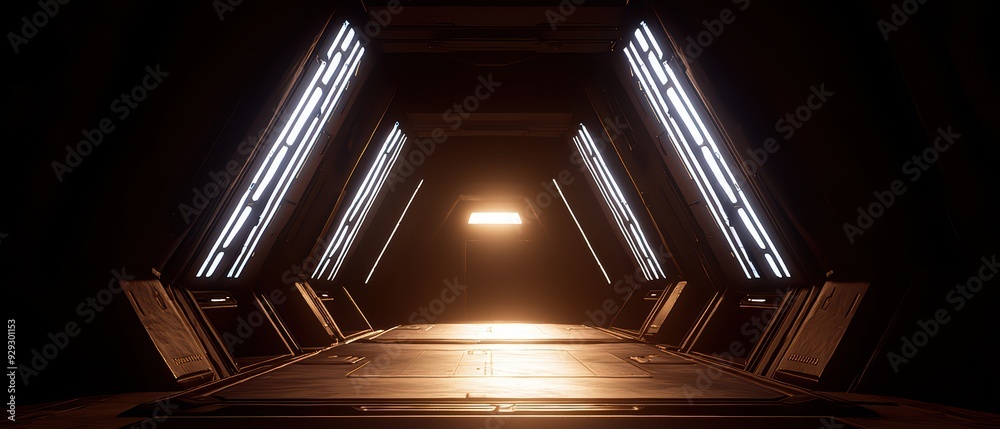 Fototapeta premium A futuristic corridor illuminated by glowing lights, creating a mysterious atmosphere and inviting exploration.