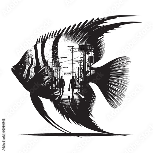 silhouette of Regal Angelfish filled with ghetto street in rough drawing