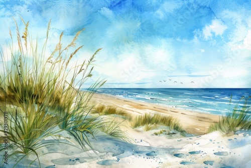 Tranquil Seascape with Sandy Dunes and Sea Grass in Watercolor Art Style