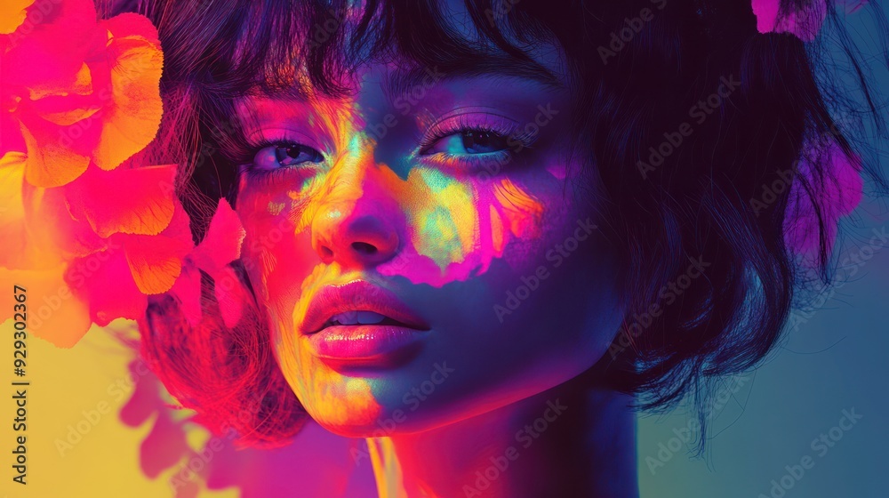 A striking portrait of a young woman with short dark hair, adorned with vibrant flowers, showcasing colorful shadows on her face. A striking portrait of a young woman with short dark hair, adorned with vibrant flowers, showcasing colorful shadows on her face.