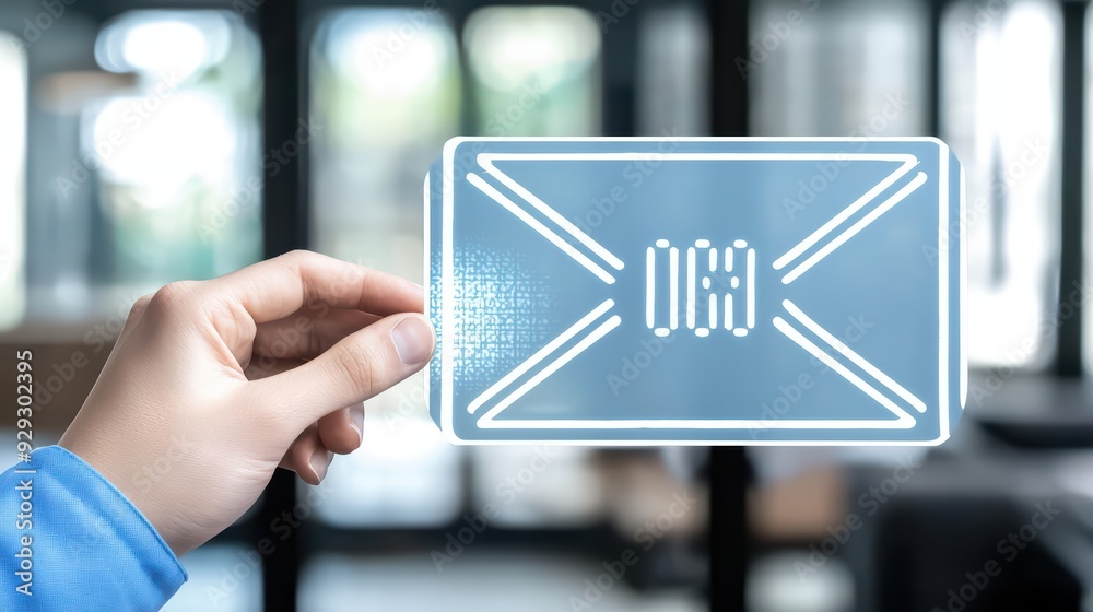 A hand holds a futuristic card with a digital design, showcasing innovation in technology and communication. A hand holds a futuristic card with a digital design, showcasing innovation in technology and communication.