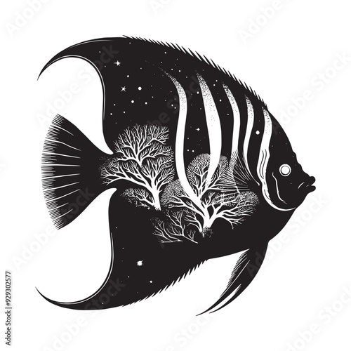 silhouette of Regal Angelfish filled with nature night view in rough drawing