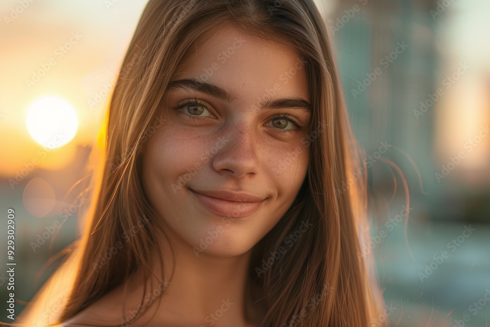 Obraz premium Close-up of a youthful, clean-skinned woman's smiling face. A happy girl captured in an outdoor picture.