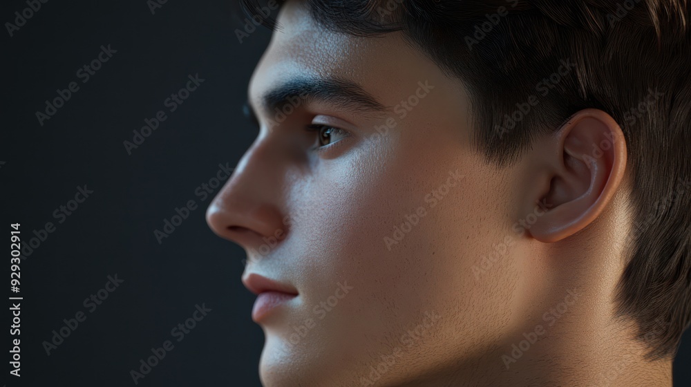 Close-up profile of a young adult male with short dark hair, showcasing smooth skin and a contemplative expression against a dark background. Close-up profile of a young adult male with short dark hair, showcasing smooth skin and a contemplative expression against a dark background.
