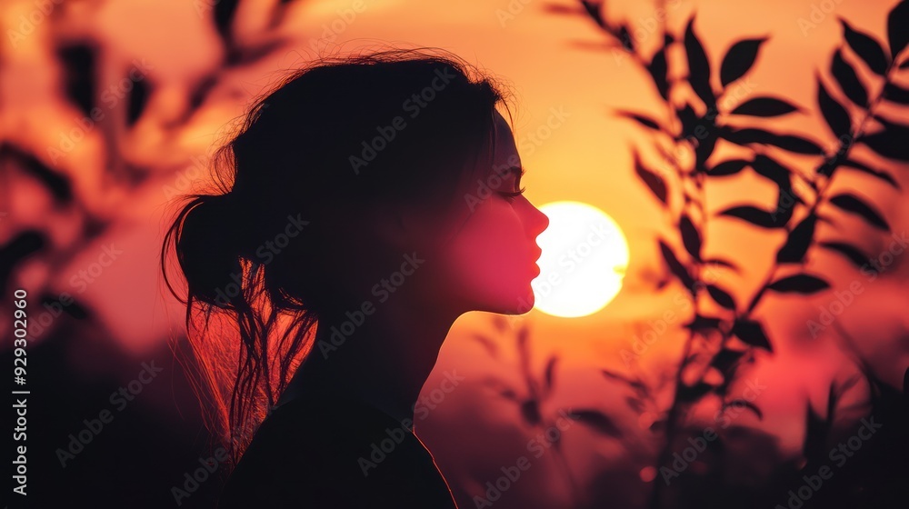 Silhouette of a young woman against a vibrant sunset, highlighting her profile and natural beauty. Silhouette of a young woman against a vibrant sunset, highlighting her profile and natural beauty.