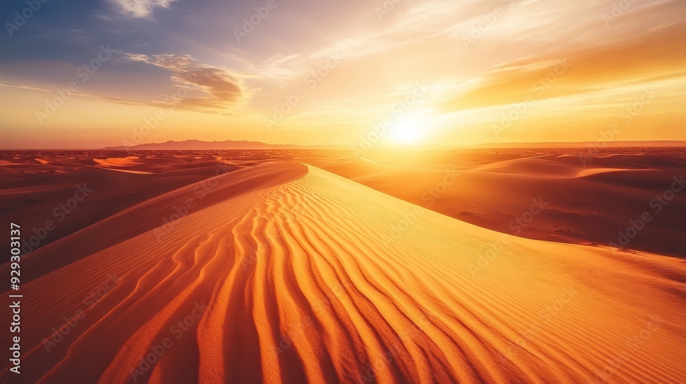 A serene desert landscape at sunset, showcasing sand dunes and dramatic sky colors. A serene desert landscape at sunset, showcasing sand dunes and dramatic sky colors.