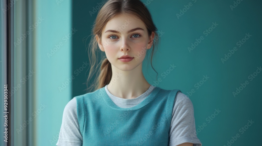 A young Caucasian woman with long hair gazes directly at the camera, framed by a serene turquoise backdrop.