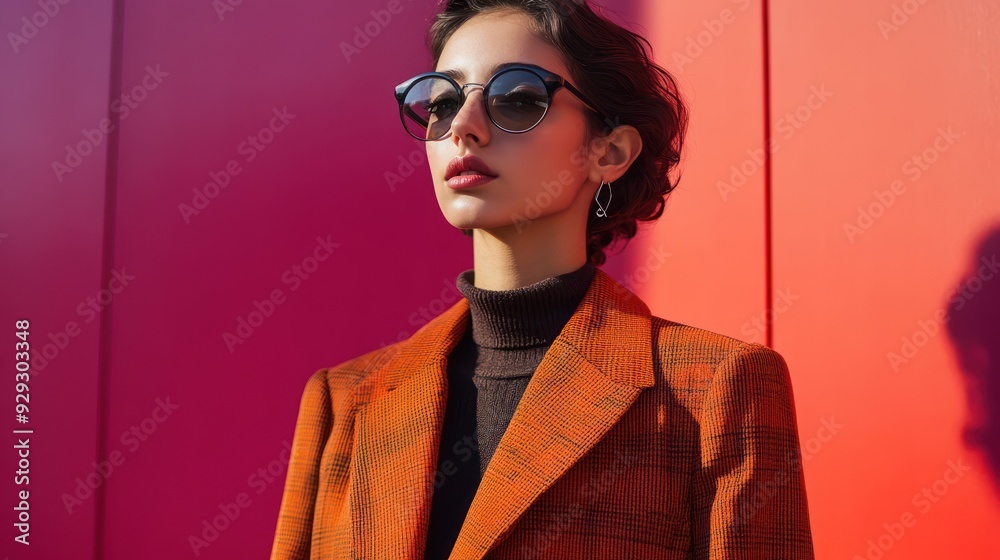 A stylish young woman of Middle-Eastern descent wearing oversized sunglasses and an orange plaid blazer against a vibrant pink background. A stylish young woman of Middle-Eastern descent wearing oversized sunglasses and an orange plaid blazer against a vibrant pink background.