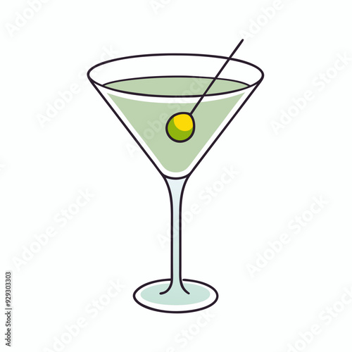 Martini glass with olive, vermouth cocktail. stock illustration