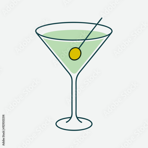 Martini glass with olive, vermouth cocktail. stock illustration