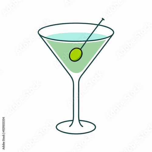 Martini glass with olive, vermouth cocktail. stock illustration