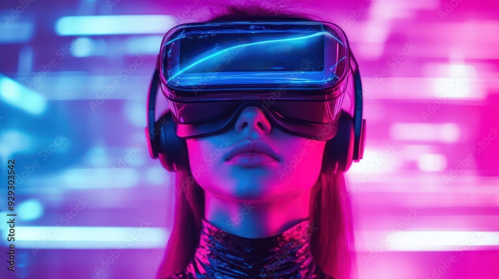 A young Caucasian woman wearing VR goggles and headphones, surrounded by vibrant neon lights, embodying the future of technology and gaming. A young Caucasian woman wearing VR goggles and headphones, surrounded by vibrant neon lights, embodying the future of technology and gaming.