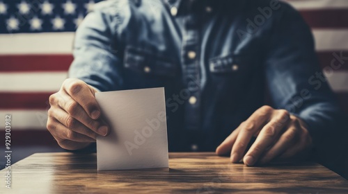 A male voter in casual attire submitting a blank ballot at a wooden table, with a softly blurred American flag in the background. photo