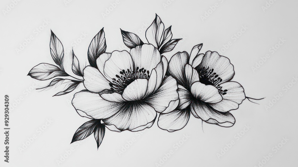 Elegant black and white illustration of two blooming flowers with delicate leaves, showcasing intricate details and artistic flair. Elegant black and white illustration of two blooming flowers with delicate leaves, showcasing intricate details and artistic flair.
